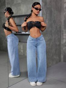 SHEIN ICON Low Waist Solid Color Wide Leg Jeans