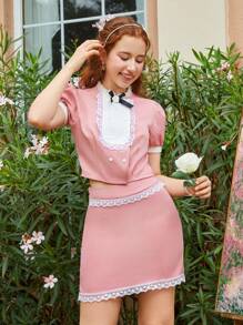 Sommerliches Outfit für Teenager Mädchen, bestehend aus eleganter Spitze, Doppelreiher Kurzarm Top und Rock - Pink - Übersicht 4