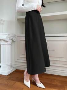 DAZY Falda elegante de línea A de unicolor con cremallera para primavera/verano, ropa de vuelta al colegio para mujeres - Negro - Ver 4