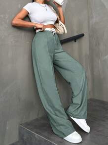 EURMUSE Cotton Women CottnLine Drawstring Waist Front Button Pants - Green - View 5
