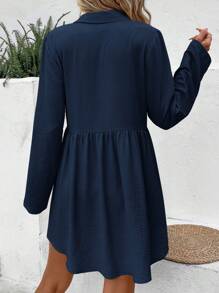 SHEIN Frenchy Ladies Solid Color Minimalist Shirt Dress With Front Buttons Winter Blue - Navy Blue - View 2