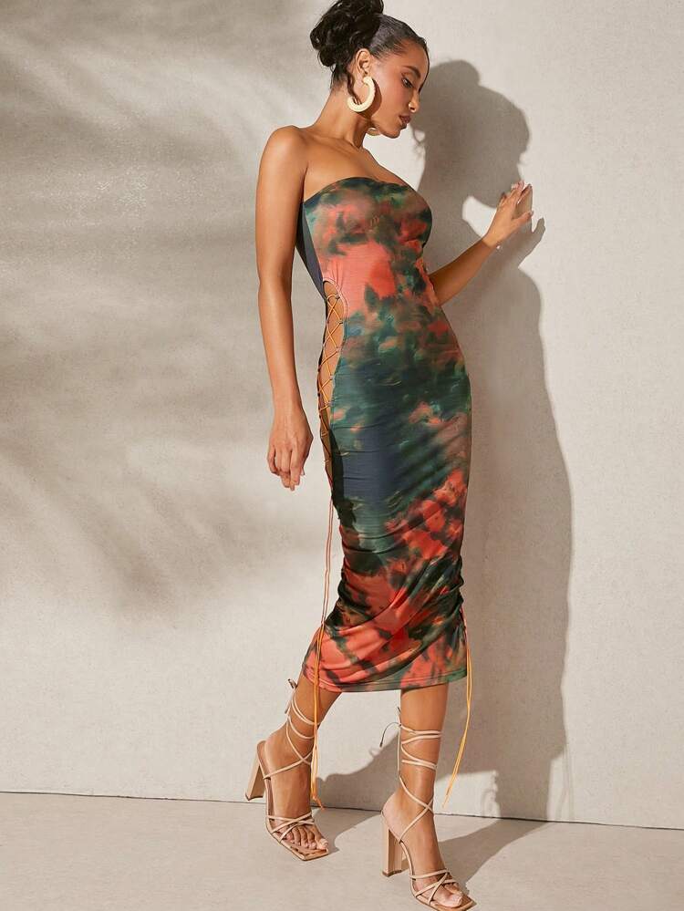Tie Dye Lace Up Cut Out Tube Dress