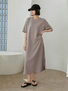 Dazy-Less Vestido casual de verano para mujer con cuello redondo, mangas cortas, hombros caídos y unicolor. Vestido casual y de negocios casual para mujeres