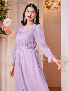 Modelyn Damen Arabisches Kleid mit Strass Dekoration, Rüschenärmeln und Taillengürtel Abendkleid