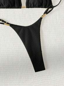 SHEIN Swim 夏季海滩女士度假纯色吊带比基尼套装带分体比基尼套装 - 黑色 - 查看 4