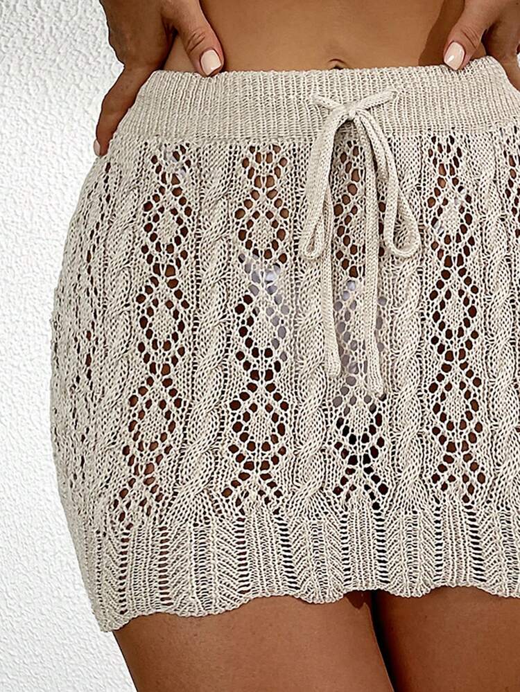 Solid Color Knitted Hollow Out Drawstring Waist Slim Fit Mini Smock Top Summer