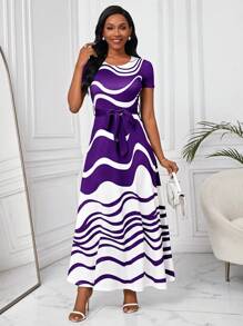 SHEIN Lady NỮ Dài Vá lại Xoăn Sóng Sọc Đầm Cho mùa hè - Màu tím - Xem 6
