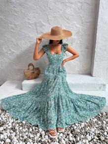 RueChic Allover Floral Print Ribbon Tie Back Ruffle Hem Maxi Dress - Multicolor - View 3