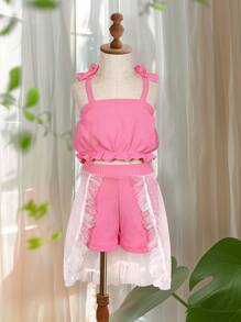 Baby Girl Summer Solid Color Butterfly Decoration Sleeveless Top And Contrast Mesh Shorts Skirt Separated Set - Pink - View 1