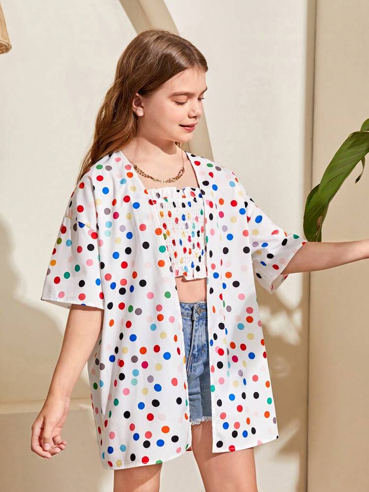 Spring Summer 2pcs/Set Tween Girls' Vacation Casual Polka Dot Print Open Front Shirt With Shirred Cami Top