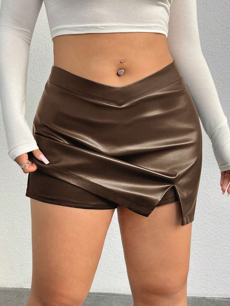 SHEIN EZwear Plus Size Summer Casual Pu Split Skirt With V-Shaped Waist - Coffee Brown - View 1