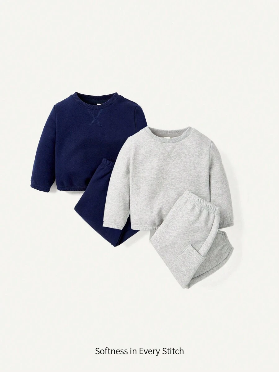 Newborn Baby Boys' Soft Knitted Casual Round Neck Loose Sweatshirt And Pants Set, Solid Color 4pcs Matching Set - Royal Blue - View 1