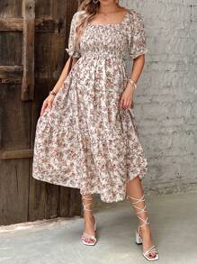 SHEIN Maternity Floral Print Puff Sleeve Ruffle Hem Dress With Front Tie - Apricot - View 5