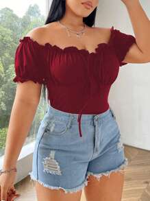 Flirla Plus Size Solid Color Off-Shoulder Frill Trim Chest Pleated Tie Knot T-Shirt - Burgundy - View 7