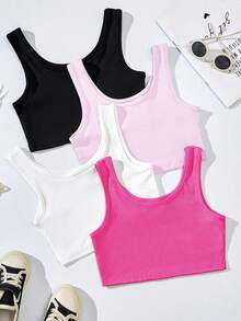SHEIN Tween Girl 4 chiếc Áo crop top trơn đơn giản cho mùa hè - Nhiều màu - Xem 2
