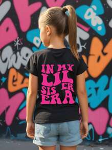 Tween Girl Casual Simple Slogan Print Round Neck Short Sleeve T-Shirt, Suitable For Summer Outfits - Black - View 2