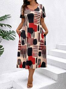 SHEIN LUNE Plus Size Casual Color Block Round Neck Short Sleeve Dress For Summer - متعدد الألوان - مشاهدة 5