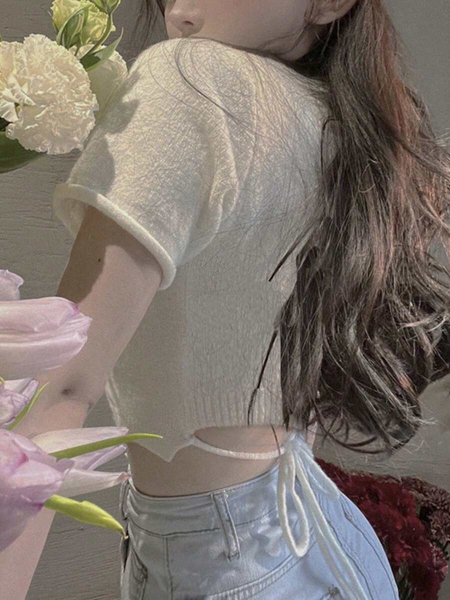 DAZY 女士純色後綁帶時尚短款針織上衣 - 白色 - 查看 1