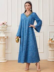 Al Najma Women's Geometric Printed Patchwork Sequined Long Sleeve Arabian Dress