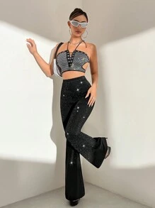 EgrlEra 女士时尚闪亮喇叭裤 Y2K 服装 - 黑色 - 查看 4