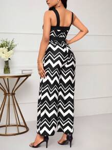SHEIN Lady Women Summer Wide-Leg Wave Striped Printed Halter Jumpsuit With Neck Strap