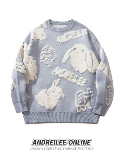 Men's Casual Rabbit & Letter Pattern Drop Shoulder Sweater, Autumn/Winter