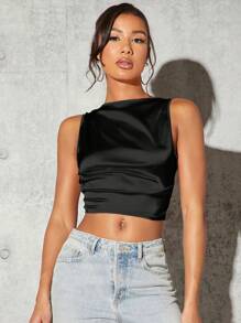 SHEIN BAE Solid Ruched Side Crop Blouse,Sleeveless Tops - Black - View 4