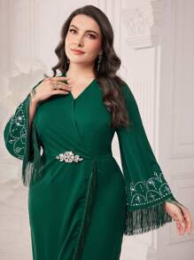 Modelyn Plus Size Surplice Neck Wrap Dress Dress With Fringed Sleeves And Rhinestone Decoration Long Evening Dresses