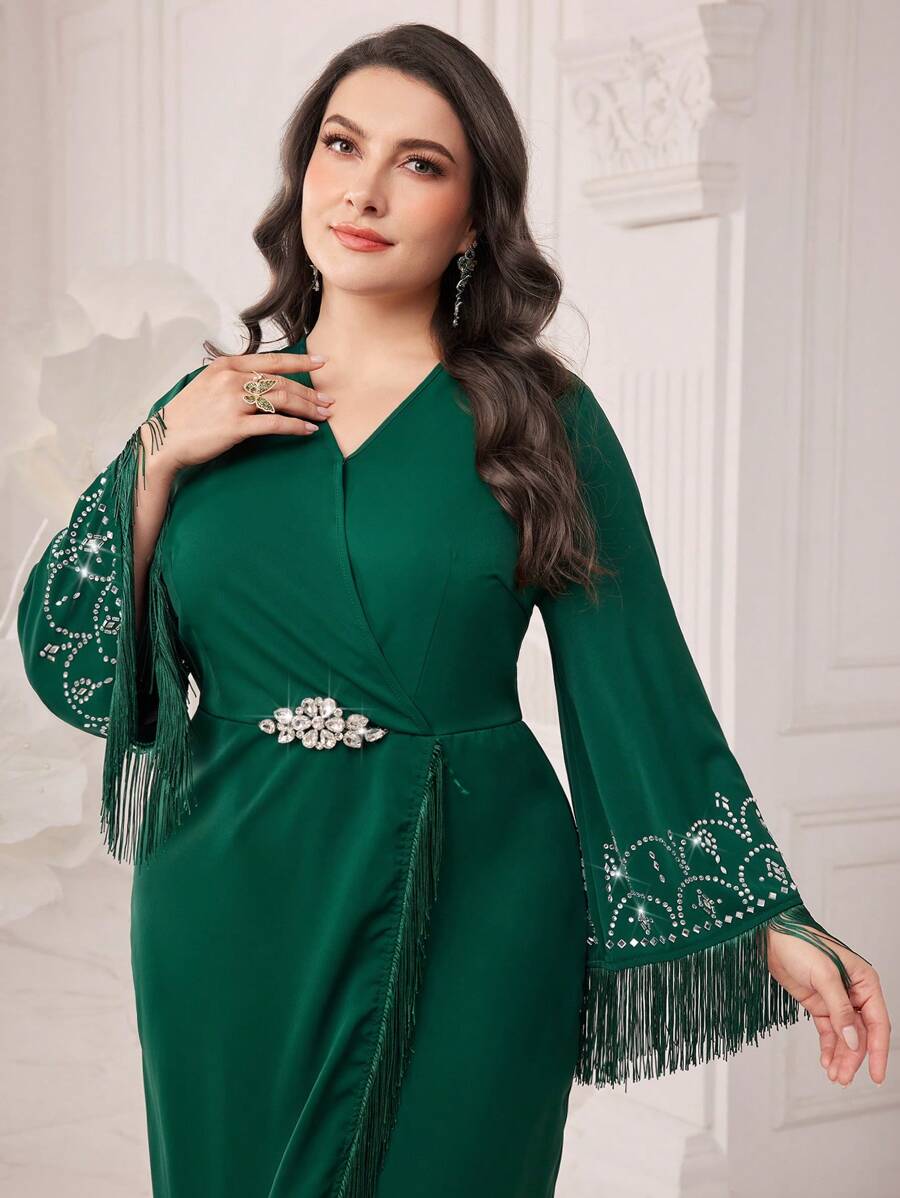 Modelyn Plus Size Surplice Neck Wrap Dress Dress With Fringed Sleeves And Rhinestone Decoration Long Evening Dresses