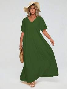 Breezaya Đầm Maxi Tay Ngắn Cổ Chữ V Mùa Hè Size Lớn Cho Nữ - xanh quân đội - Xem 1
