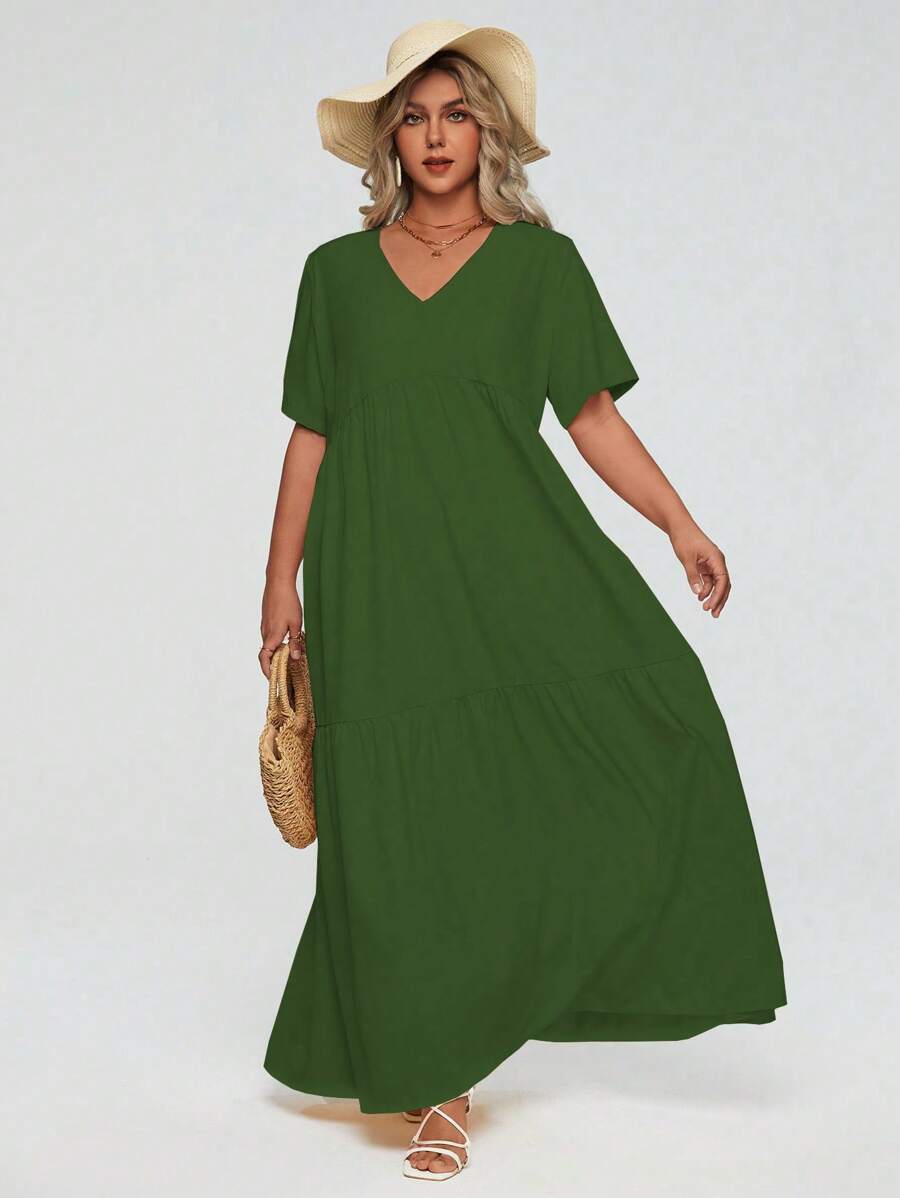 Breezaya Đầm Maxi Tay Ngắn Cổ Chữ V Mùa Hè Size Lớn Cho Nữ - xanh quân đội - Xem 1