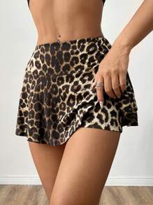 SHEIN EZwear Women Summer Casual Leopard Print Shorts With Ruffled Hem