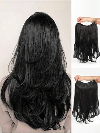 4 片装长波浪夹式接发合成耐热一体式假发黑色女士假发