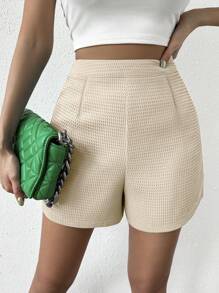 Chiquease Waffle Pleated Simple Casual Summer Straight Shorts - Khaki - View 5