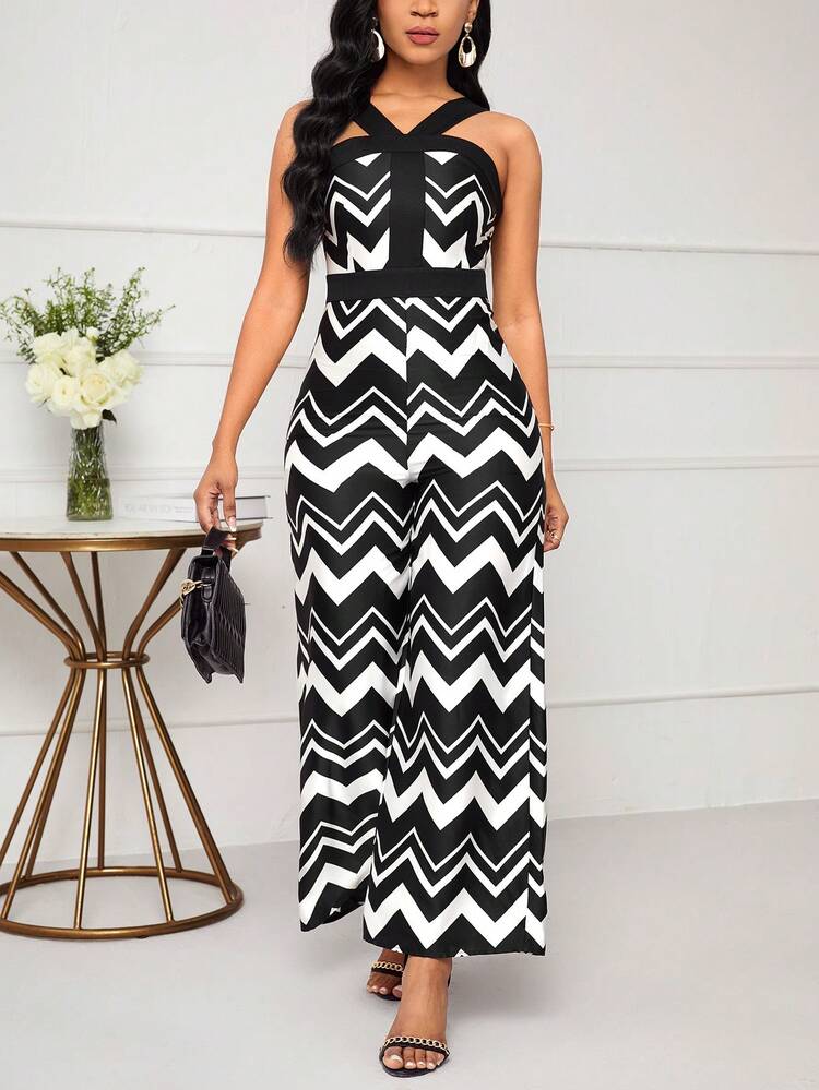 Women Summer Wide-Leg Wave Striped Printed Halter Jumpsuit With Neck Strap