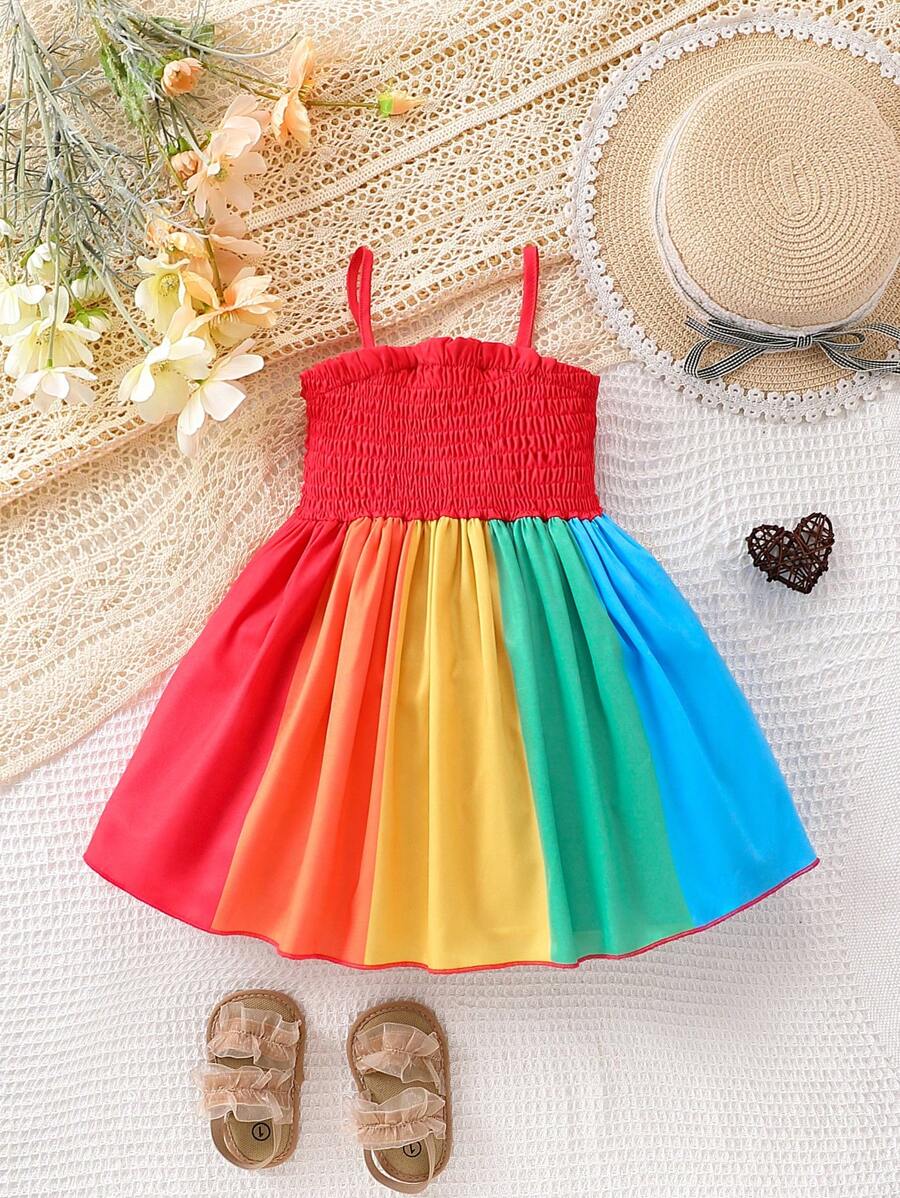 Baby Girl Summer Multicolor Striped Casual Tank Dress - Red - View 1