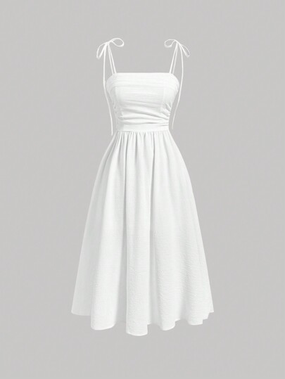 SHEIN MOD Women's Summer Solid Color Pleated Shoulder & Knotted Strap Dress,White Graduation Dress