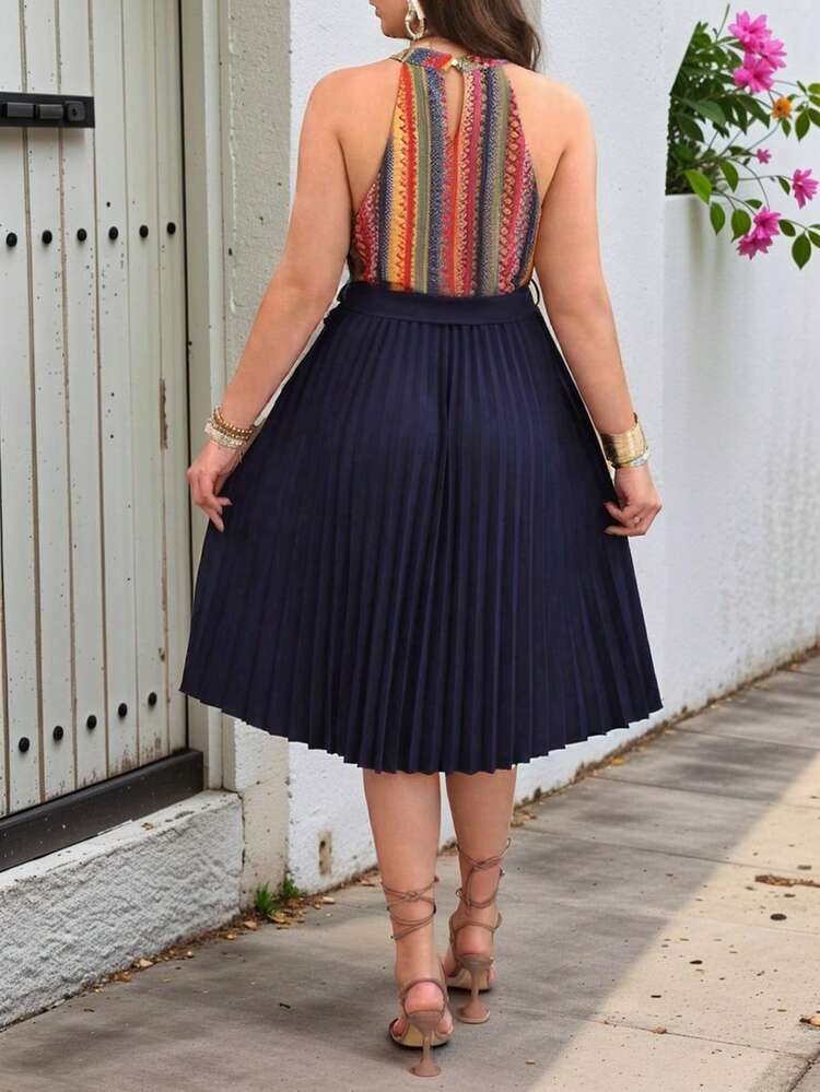 Plus Size Color Block Striped Print Patchwork Ruffle Halter Neck Dress