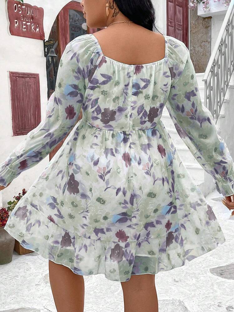 Plus Size Spring/Summer Floral Print Ruffle Hem Dress