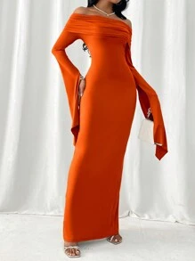 SHEIN Privé Spring Summer Off Shoulder Split Sleeve Bodycon Dress - Orange - View 4