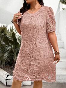 Breezaya Vestido de Encaje de Manga Corta con Talla Grande y Color Sólido - Rosa vieja - Ver 4