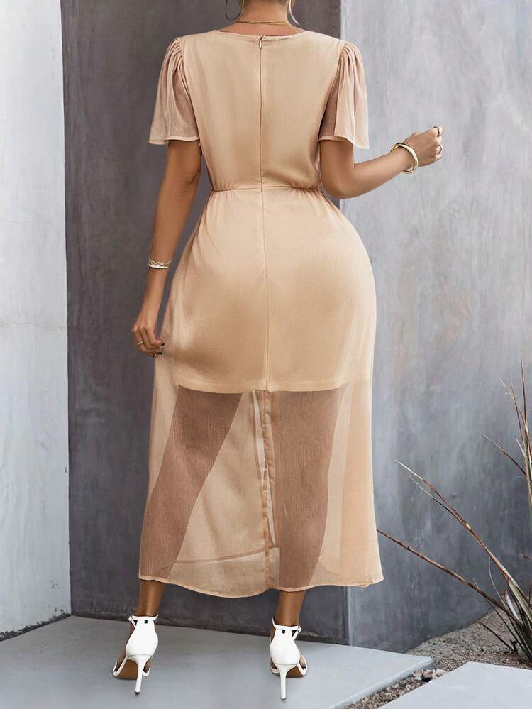Solid Color V-Neck Cinching Waist Slit Dress