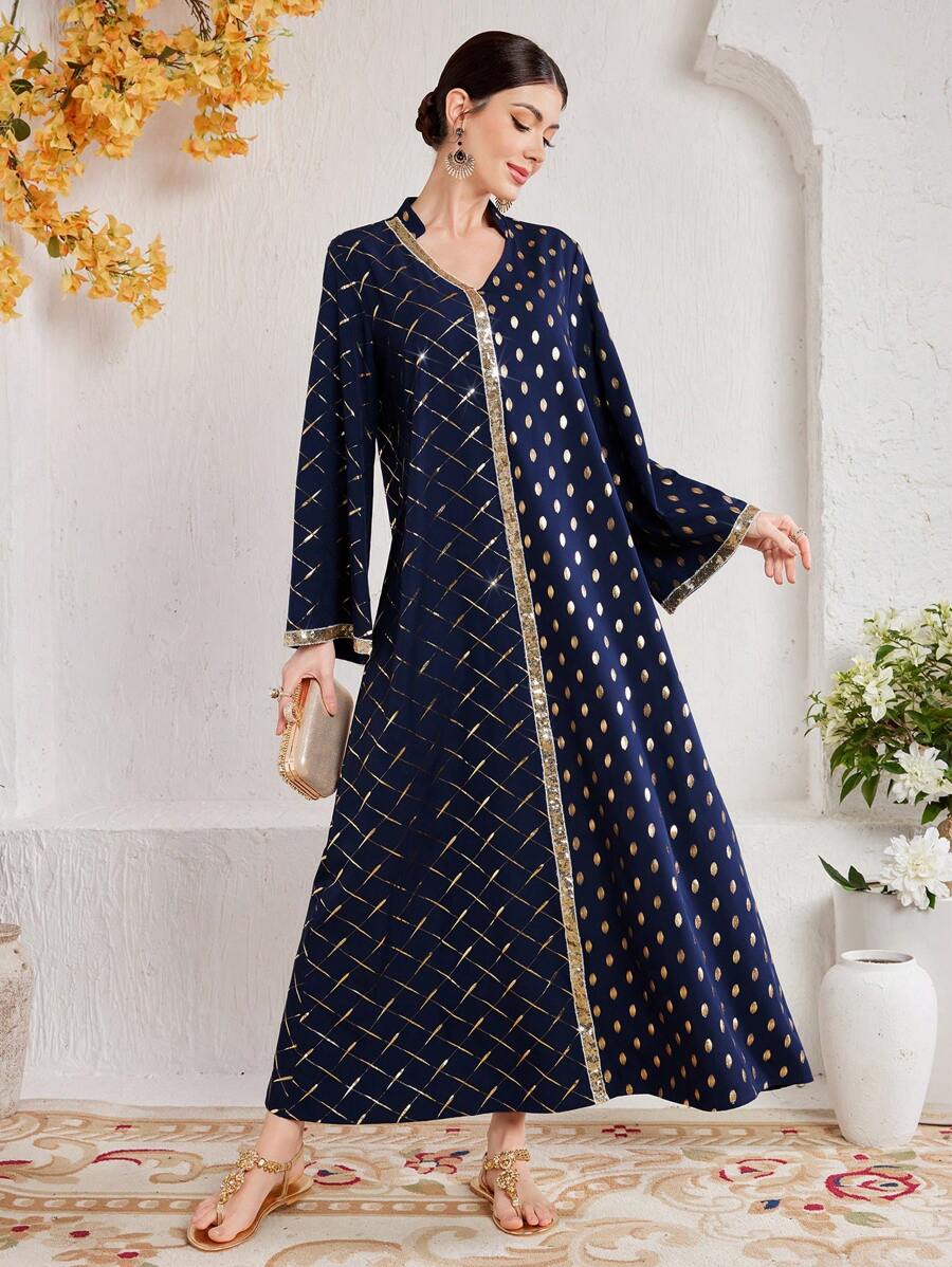 Al Najma 春季印花裙，配有閃粉帶和飄逸袖子 - 寶藍色 - 查看 1