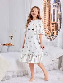 SHEIN Vestido de dormir informal con estampado de gato y ribete de volantes para niñas preadolescentes - Caqui - Ver 4