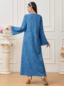 Al Najma Women's Geometric Printed Patchwork Sequined Long Sleeve Arabian Dress