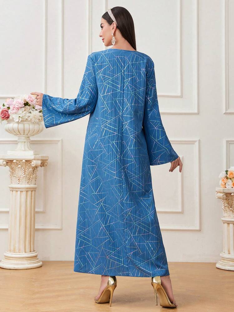Women's Geometric Printed Patchwork Sequined Long Sleeve Arabian Dress