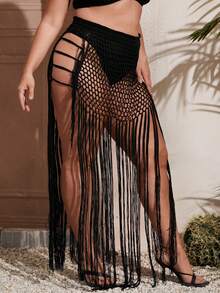 SHEIN Swim Curve 大尺碼純色中空編織邊波浪長披肩 - 黑色 - 查看 4