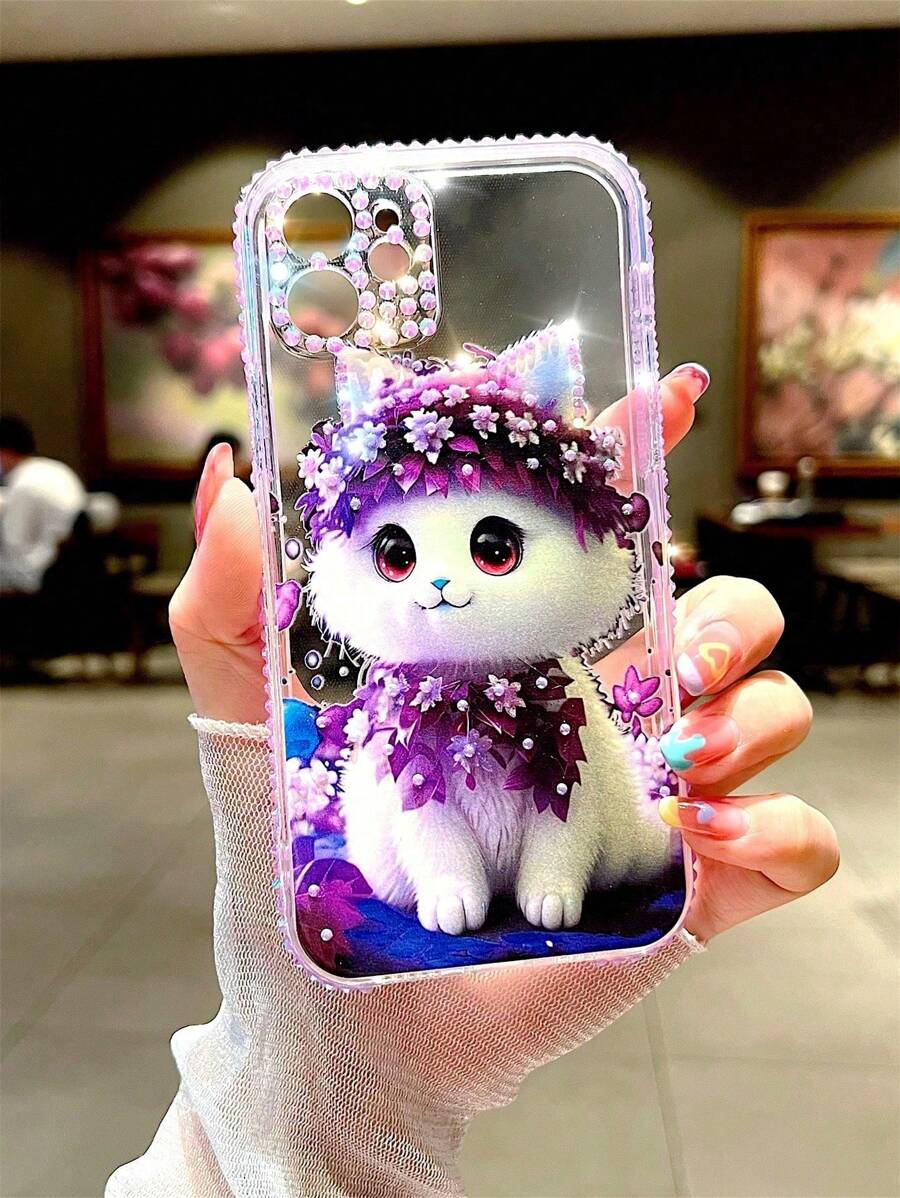 镶钻猫咪图案手机壳,兼容 15/15Plus/15Pro/15Pro Max国际版,非国内版 - 彩色 - 查看 1
