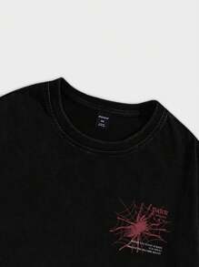 ROMWE MEN Street Life Spring/Summer Casual Graphic Men Spider Slogan Graphic Tee For Halloween, School, 2000S Style - Black - View 4