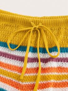 Slaydiva Plus Size Women Holiday Leisure Slim Fit Sleeveless Top & Rainbow Striped Shorts Knitted Set, For Pride Month, Summer